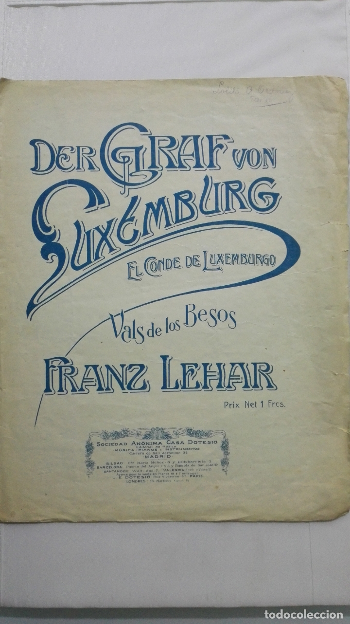 Musical scores: ANTIGUA PARTITURA, EL CONDE DE LUXEMBURGO - VALS DE LOS BESOS, FRANZ LEHAR