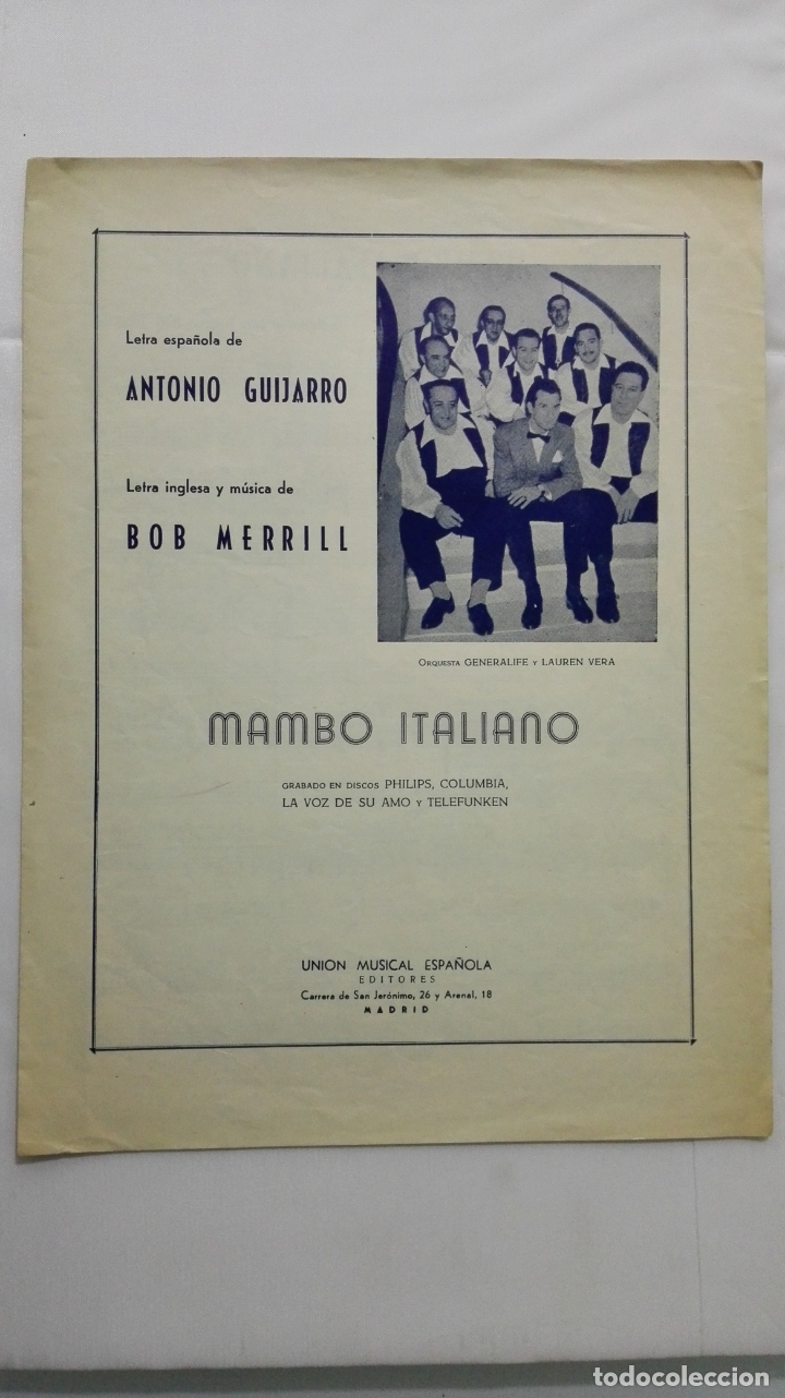Musical scores: ANTIGUA PARTITURA, MAMBO ITALIANO, LETRA DE ANTONIO GUIJARRO, MUSICA BOB MERRILL, A&Ntilde;O 1954