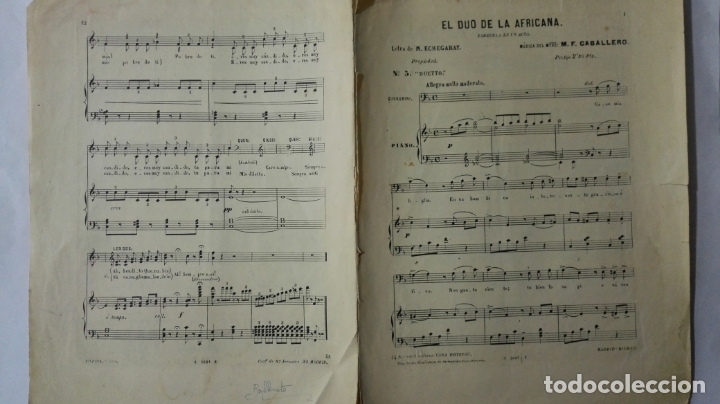 Partituras musicais: ANTIGUA PARTITURA, EL DUO DE LA AFRICANA, ZARZUELA EN DOS ACTOS, 12 PAGINAS