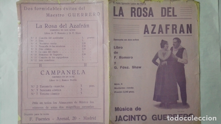 Partituras musicais: ANTIGUA PARTITURA, LA ROSA DEL AZAFRAN, ZARZUELA EN DOS ACTOS, 8 PAGINAS