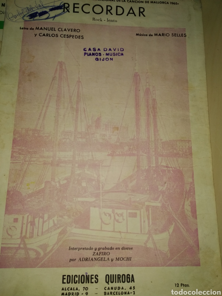 Partituras musicais: RECORDAR. PARTITURA. ROCK LENTO. PRIMER PREMIO DEL II FESTIVAL DE LA CANCI&Oacute;N DE MALLORCA 1965. ADRIA