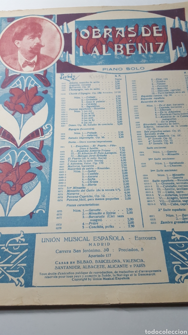 Partituras musicais: PARTITURA. ALBENIZ RIMAS DE BECQUER PIANO SOLO. UNION MUSICAL ESPA&Ntilde;OLA. 8 PAGINAS.