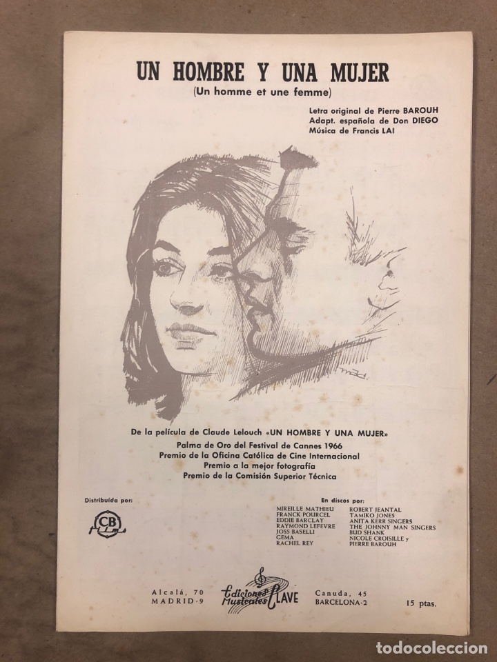 Partituras musicais: UN HOMBRE Y UNA MUJER (UN HOMME ET UNE FEMME). M&Uacute;SICA: FRANCIS LAI. EDICIONES MUSICALES CLAVE 1966.