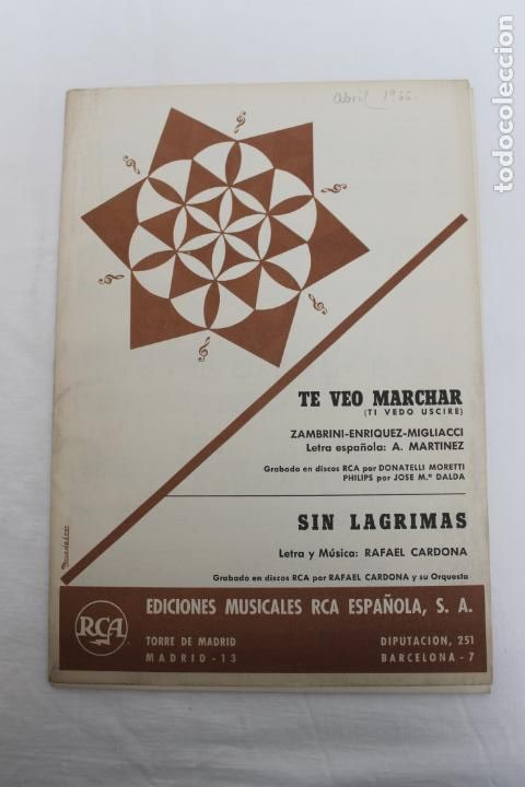 Partiture musicali: PARTITURA TE VEO MARCHAR, SIN LAGRIMAS, RCA ESPA&Ntilde;OLA, 1966
