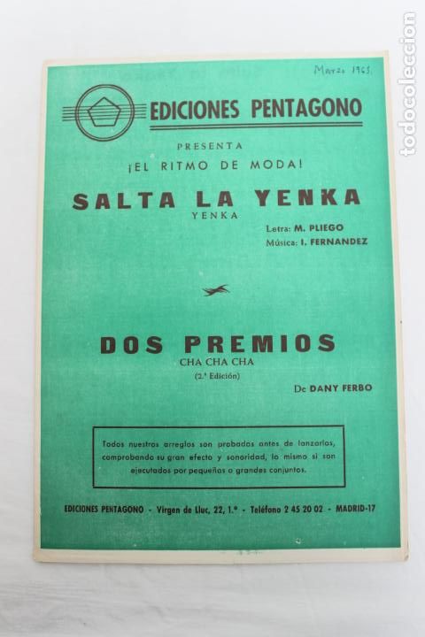Musical scores: PARTITURA EL RITMO DE MODA SALTA LA YENKA / DOS PREMIOS CHA CHA CHA, 1965
