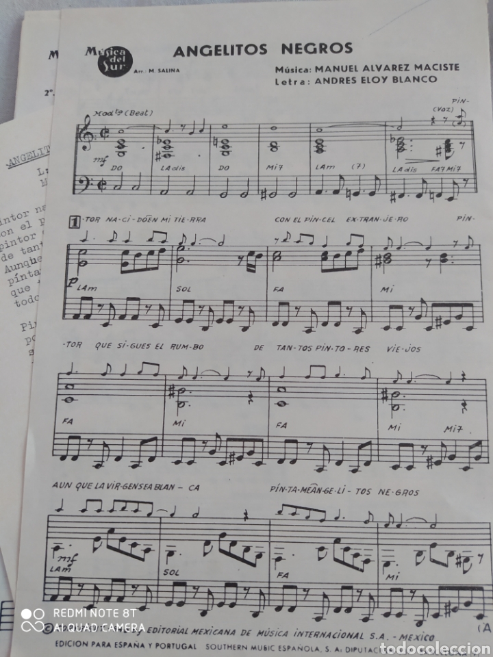 Musical scores: PARTITURAS ANGELITOS NEGROS Y CAPULLITO DE ALELI. PARA SAXO, TROMPETA, BAJO, BATER&Iacute;A, INCLUYE LETRAS