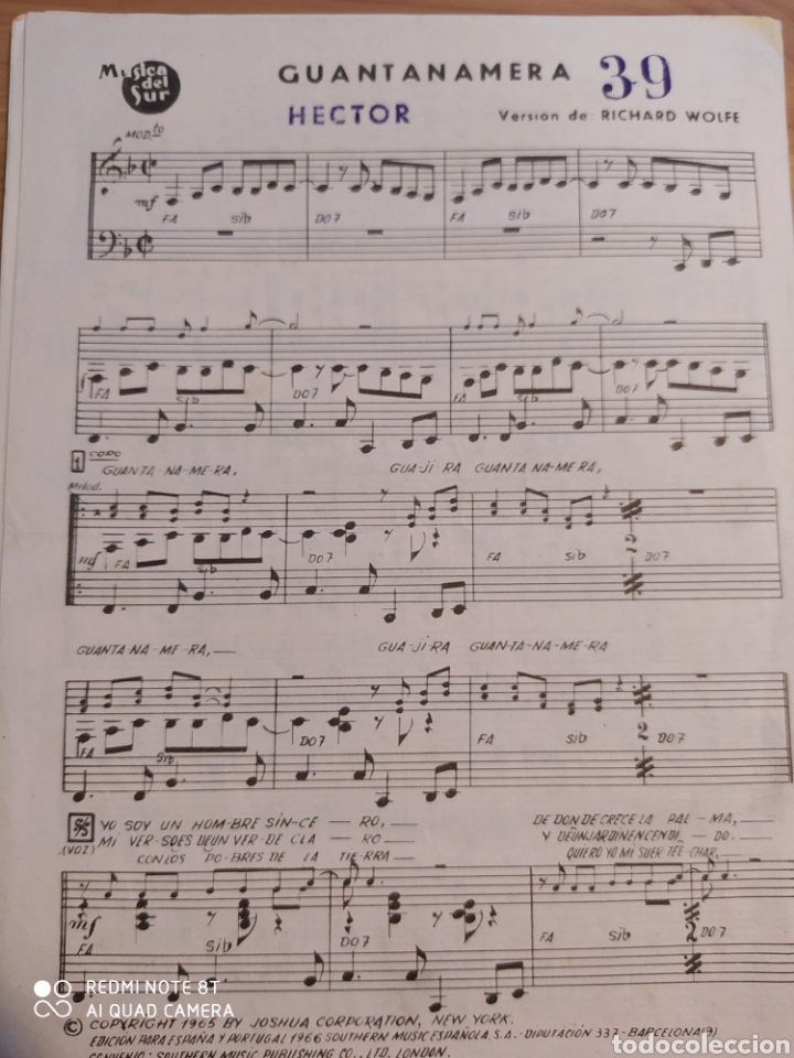 Musical scores: GUANTANAMERA Y EL PATO. PARTITURAS. PARA SAXO, TROMPETA, BAJO, BATER&Iacute;A, INCLUYE LETRAS. SOUTHERN MUS