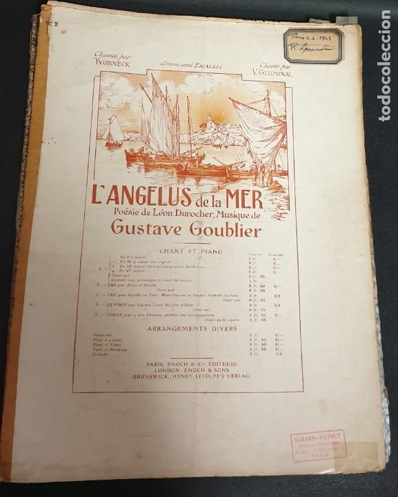 Musical scores: L'ANGELUS DE LA MER PO&Eacute;SIE DE L&Eacute;ON DUROCHER MUSIQUE DE GUSTAVE GOUBLIER ENOCH & CIE 7 P&Aacute;GINAS