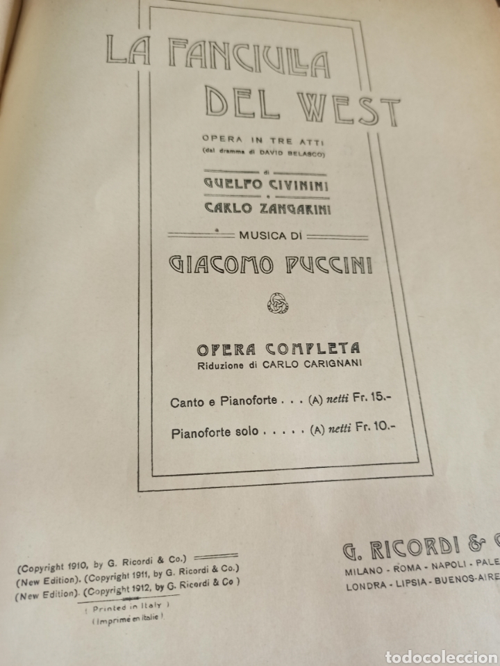 Partituras musicais: PUCCINI LA FANCIULLA DEL WEST. &Oacute;PERA COMPLETA 1912. G. RICORDI.