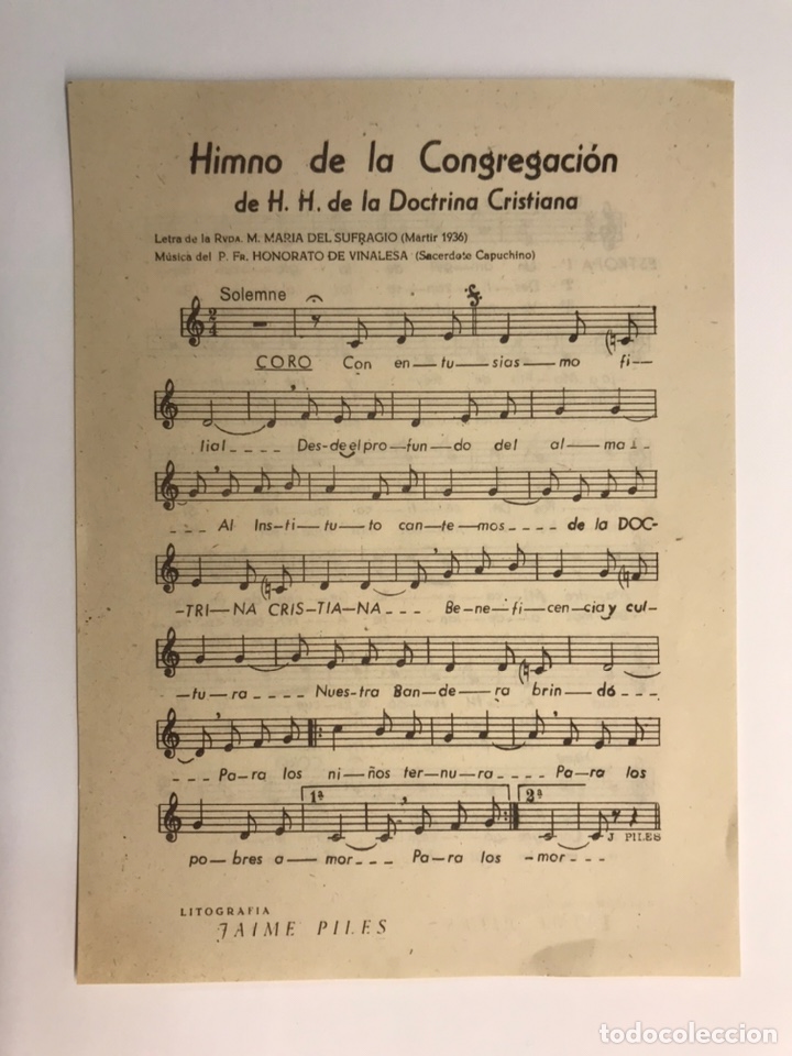 Musical scores: VINALESA. Himno de la Congregaci&oacute;n de H.H. de la Doctrina Cristiana, por Fray Honorato, Sacerdote