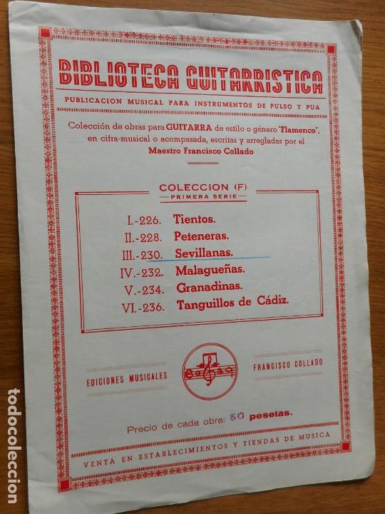 Partituren: ANTIGUA PARTITURA BIBLIOTECA GUITARRISTICA.FRANCISCO COLLADO.GUITARRA.FLAMENCO.SEVILLANAS 1967
