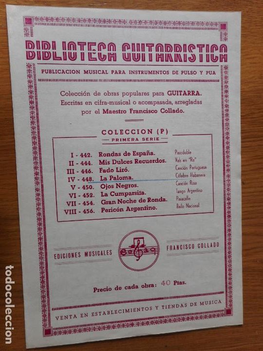 Partituren: ANTIGUA PARTITURA BIBLIOTECA GUITARRISTICA.FRANCISCO COLLADO.LA PALOMA.HABANERA 1960