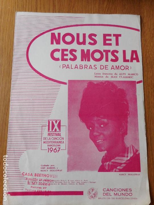Partituras musicais: ANTIGUA PARTITURA.NANCY HOLLOWAY.NOUS ET CES MOTS LA.IX FESTIVAL CANCION MEDITERRANEA-BARCELONA 1967