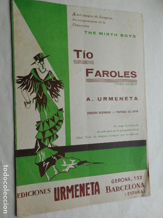 Partituren: ANTIGUA PARTITURA.PIANO.ORQUESTINA THE MIRTH BOYS.TIO FAROLES.PASO-DOBLE.A.URMENETA.BARCELONA 1934