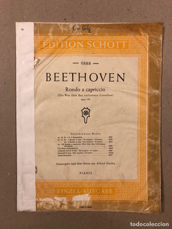 Partituras musicais: BEETHOVEN RONDO A CAPRICCIO. PIANO. EDITION SCHOTT EINZEL AUSGABE.