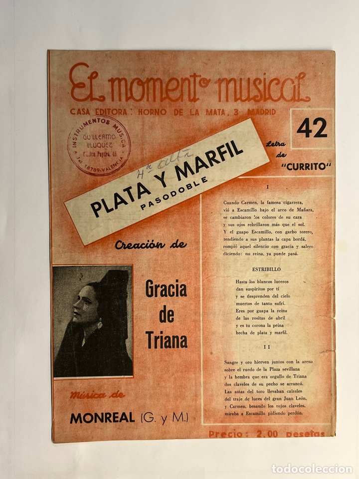 Partituras musicais: EL MOMENTO MUSICAL No.42, PLATA Y MARFIL. Pasodoble (h.1960?)