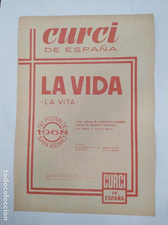 Partituras musicais: PARTITURA LA VIDA. LA VITA. ANTONIO AMURRI. BRUNO CANFORA. FESTIVAL SAN REMO 1968. TDKR48