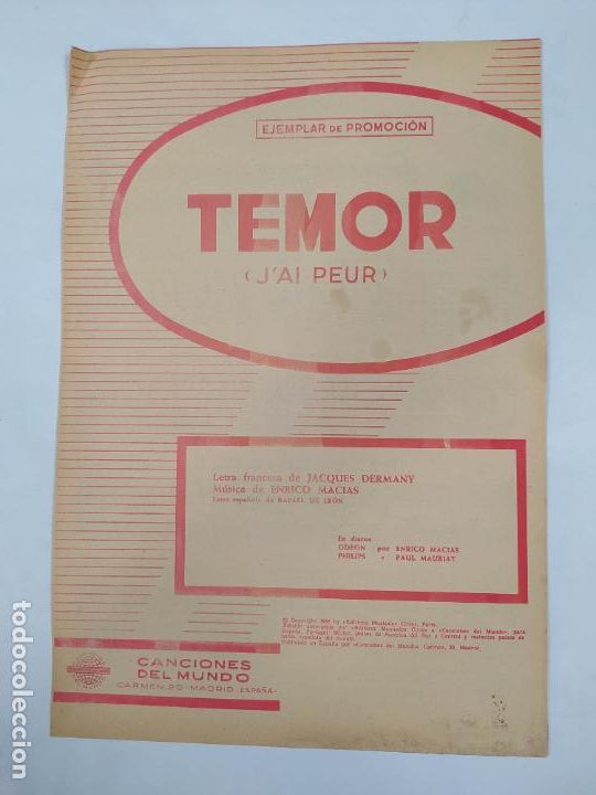 Partituras musicais: PARTITURA TEMOR. ENRICO MAC&Iacute;AS. PAUL MAURIAT. JACQUES DERMANY. TDKR48