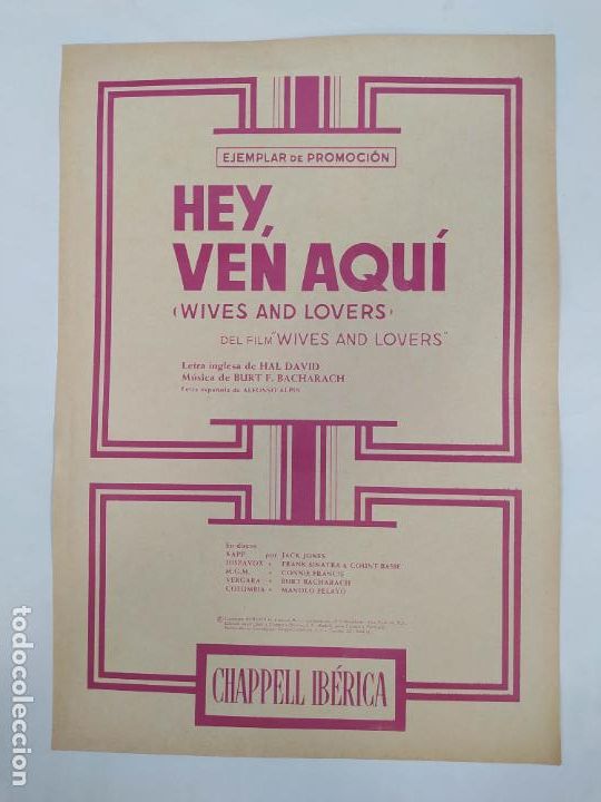 Partituras musicais: PARTITURA HEY, VEN AQU&Iacute;. WIVES AND LOVERS. LETRA DE HAL DAVID. TDKR48