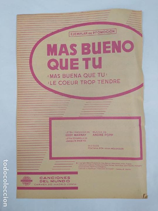 Partituras musicais: PARTITURA M&Aacute;S BUENO QUE T&Uacute;. NANA MOUSKOURI. LETRA EDDY MARNAY. ANDRE POPP. TDKR48