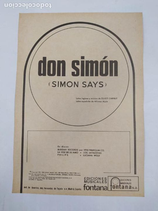 Partituras musicais: PARTITURA DON SIM&Oacute;N. SIMON SAYS. 1910 FRUITGUM. LOS JAVALOYAS. ELLIOT CHIPRUT. TDKR48