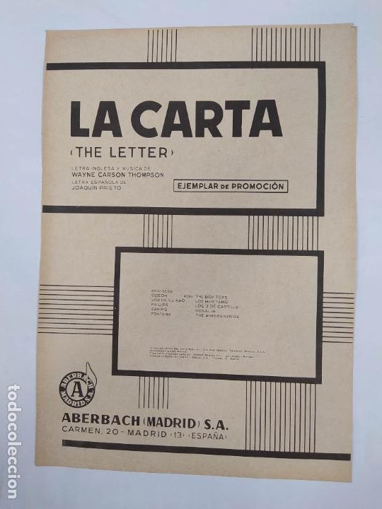 Partituren: PARTITURA LA CARTA. THE BOX TOPS. LOS MUSTANG. LETRA WAYNE CARSON THOMPSON. TDKR49