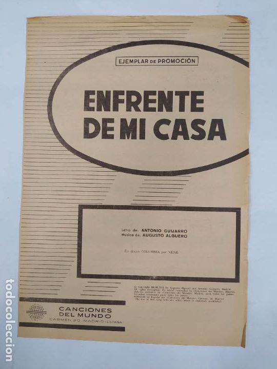 Partituren: PARTITURA ENFRENTE DE MI CASA. NENE. LETRA ANTONIO GUIJARRO. M&Uacute;SICA DE AUGUSTO ALGUERO. TDKR49