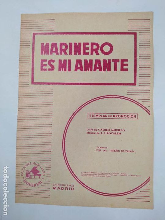 Partituren: PARTITURA MARINERO ES MI AMANTE. IMPERIO DE TRIANA. LETRA DE CAMILO MURILLO. TDKR49