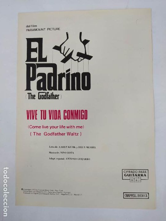 Partiture musicali: PARTITURA EL PADRINO. THE GOODFATHER. VIVE TU VIDA CONMIGO. LETRA LARRY KUSIK. NINO ROTA. TDKR49