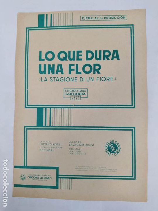 Partiture musicali: PARTITURA LO QUE DURA UNA FLOR. SALVATORE RUISI. LUCIANO ROSSI. SAN REMO FESTIVAL 1970. TDKR33