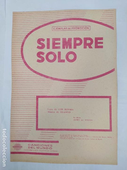 Partiture musicali: PARTITURA SIEMPRE SOLO. DYANGO. LUIS ROVIRA LETRA. TDKR33
