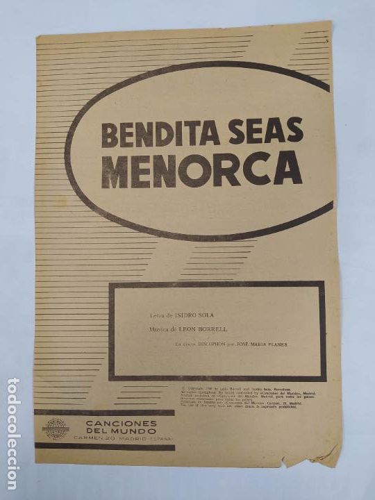 Partiture musicali: PARTITURA BENDITA SEAS MENORCA. JOSE MARIA PLANES. LETRA DE ISIDRO SOLA. TDKR34