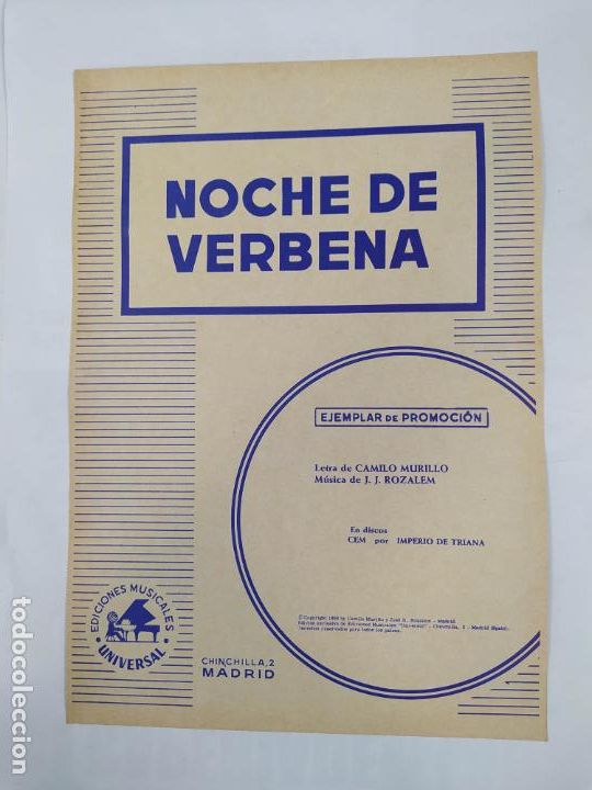 Partiture musicali: PARTITURA NOCHE DE VERBENA. IMPERIO DE TRIANA. LETRA DE CAMILO MURILLO. TDKR34