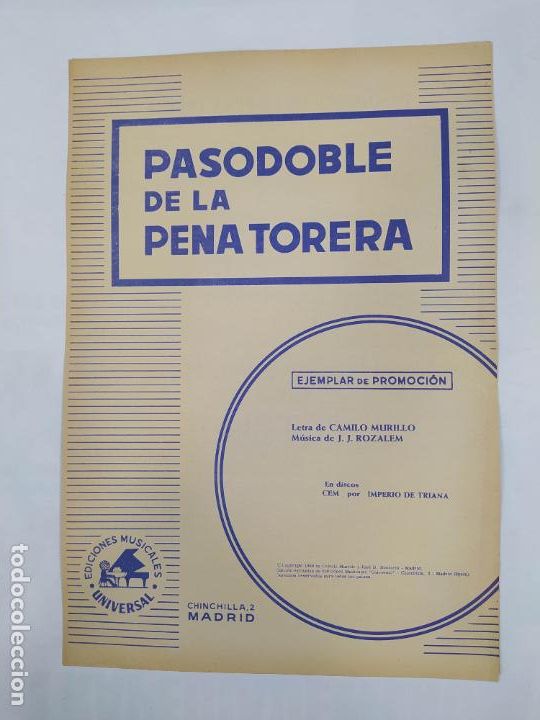 Partiture musicali: PARTITURA PASODOBLE DE LA PENA TORERA. IMPERIO DE TRIANA. LETRA DE CAMILO MURILLO. TDKR34