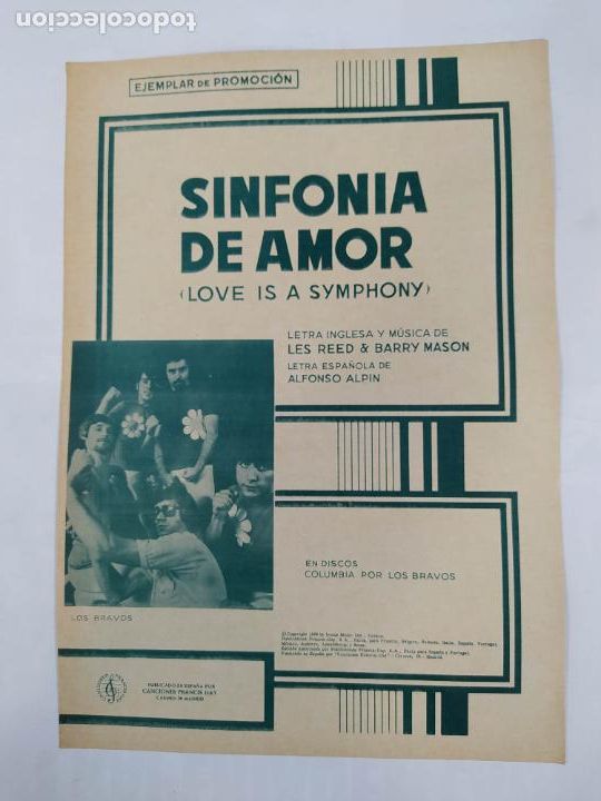 Partiture musicali: PARTITURA SINFON&Iacute;A DE AMOR. LOS BRAVOS. LETRA DE LES REED Y BARRY MASON. TDKR34