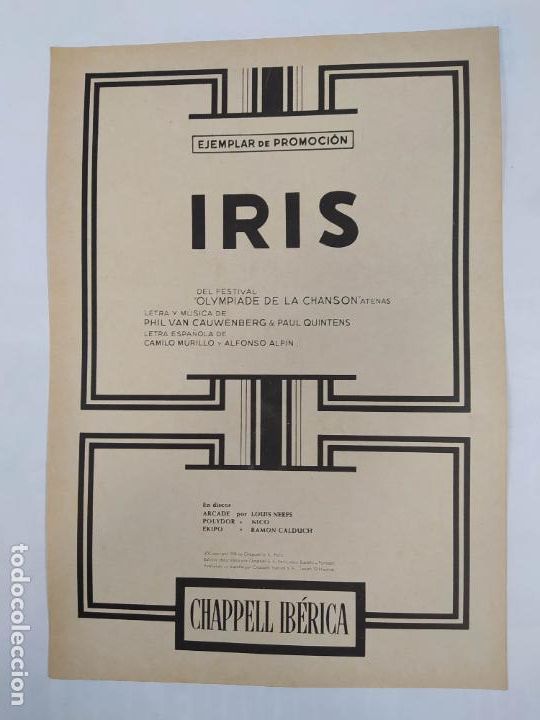Partiture musicali: PARTITURA IRIS. FESTIVAL OLYMPIADE DE LA CHANSON ATENAS. LETRA PHIL VAN CAUWENBERG. TDKR34