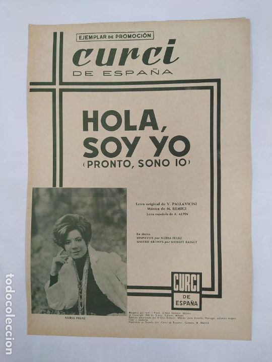 Partiture musicali: PARTITURA HOLA SOY YO. NURIA FELIU. LETRA DE V. PALLAVICINI. TDKR34