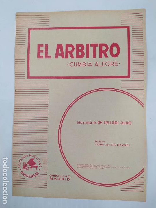 Partiture musicali: PARTITURA EL ARBITRO. CUMBIA ALEGRE. LOS LLANEROS. LETRA DE DON ROY Y JORGE GALLARZO. TDKR34