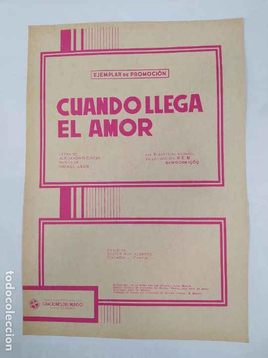 Partiture musicali: PARTITURA CUANDO LLEGA EL AMOR. ALBERTO. XI FESTIVAL DE LA CANCION BENIDORM 1969. TDKR34