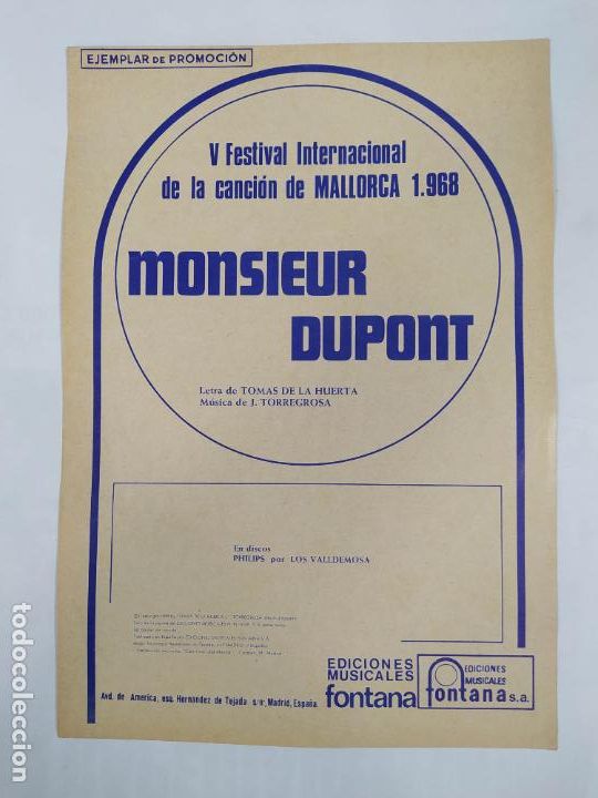Partiture musicali: PARTITURA MONSEUR DUPONT. V FESTIVAL INTERNACIONAL DE LA CANCI&Oacute;N DE MALLORCA 1968. TDKR34
