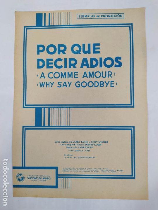Partiture musicali: PARTITURA POR QUE DECIR ADIOS. CONNIE FRANCIS. LETRA LARRY KUSIK. TDKR34