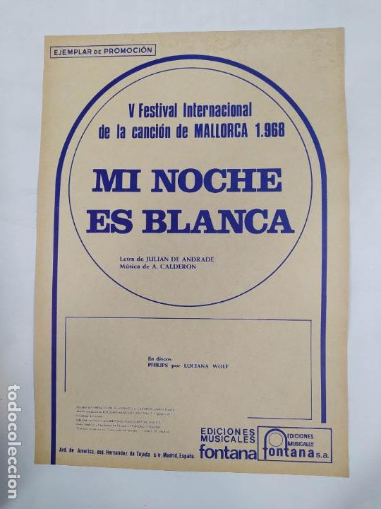 Partiture musicali: PARTITURA MI NOCHE ES BLANCA. LUCIANA WOLF V FESTIVAL INTERNACIONAL CANCI&Oacute;N MALLORCA 1968. TDKR13