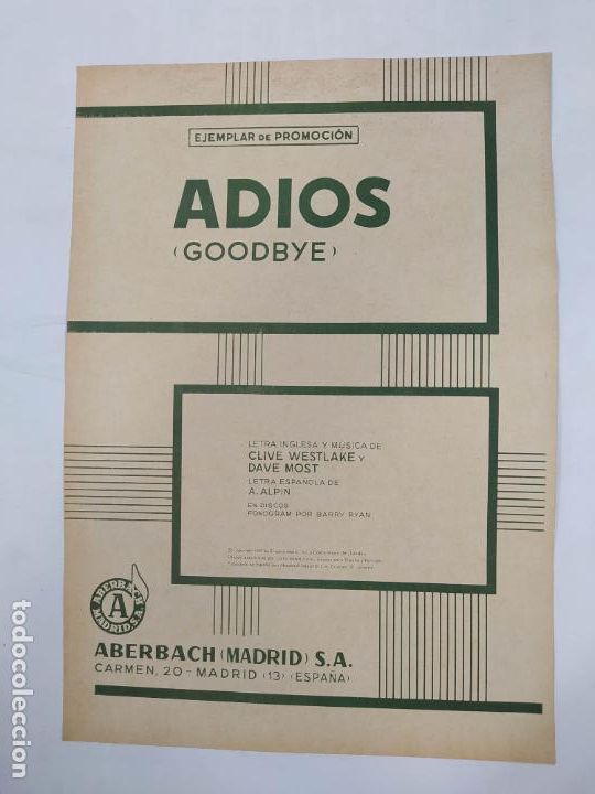 Partiture musicali: PARTITURA ADIOS. A. ALPIN. BARRY RYAN. LETRA DE CLIVE WESTLAKE. TDKR13