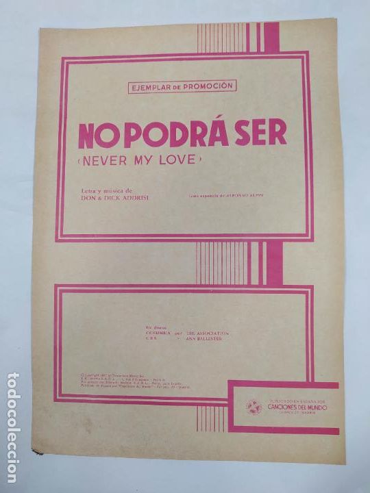 Partiture musicali: PARTITURA NO PODR&Aacute; SER. ALFONSO ALPIN. DON & DICK ADDRISI. THE ASSOCIATION. TDKR13