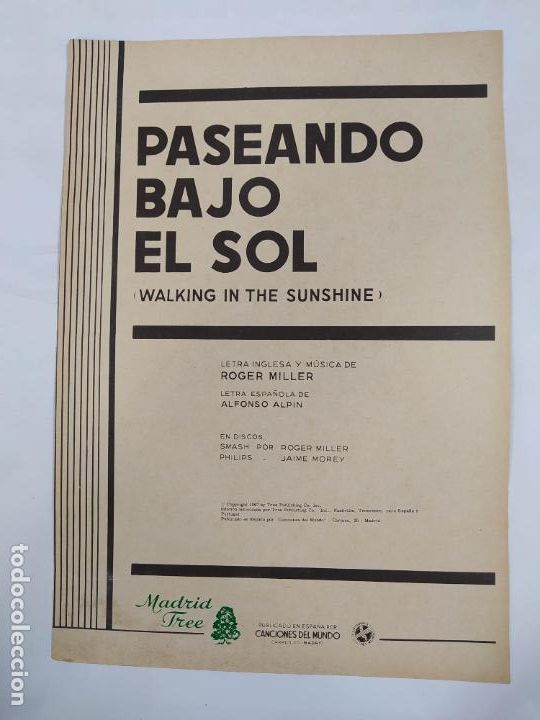 Partiture musicali: PARTITURA PASEANDO BAJO EL SOL. ROGER MILLER. LETRA DE ALFONSO ALPIN. TDKR13