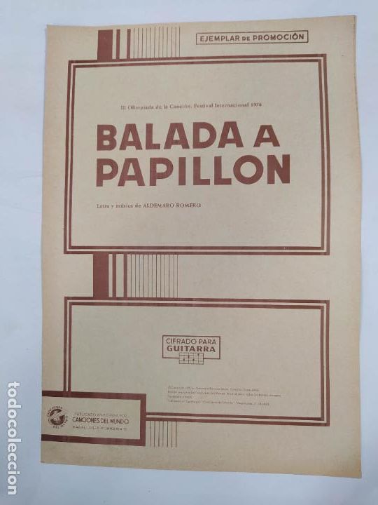 Partiture musicali: PARTITURA BALADA A PAPILLON. ALDEMARO ROMERO. III OLIMPIADA CANCION MALLORCA 1970. TDKR13
