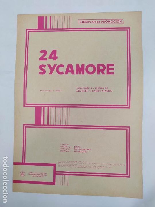 Partiture musicali: PARTITURA 24 SYCAMORE. JORGE. WAYNE FONTANA. LOS SPRITERS. C. MAPEL. LES REED. TDKR13