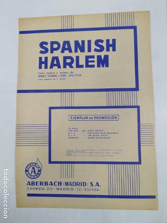 Musical scores: PARTITURA SPANISH HARLEM. JIMMY JUSTICE. LETRA DE JERRY LEIBER. TDKR15