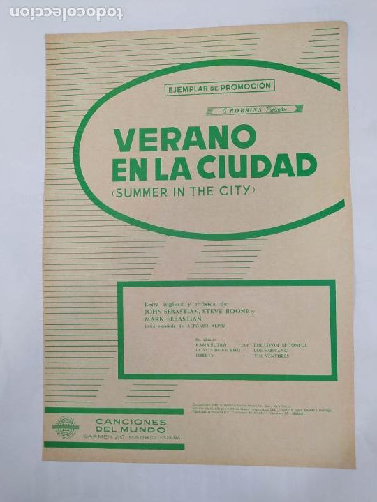 Partiture musicali: PARTITURA VERANO EN LA CIUDAD. THE LOVIN SPOONFULL. LETRA DE JOHN SEBASTIAN. TDKR15