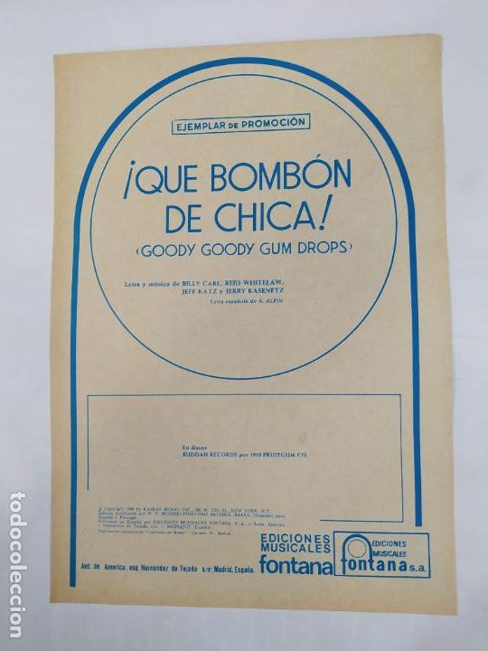 Partiture musicali: PARTITURA &iexcl;QUE BOMBON DE CHICA!. 1910 FRUITGUM. LETRA DE BILLY CARL. TDKR15